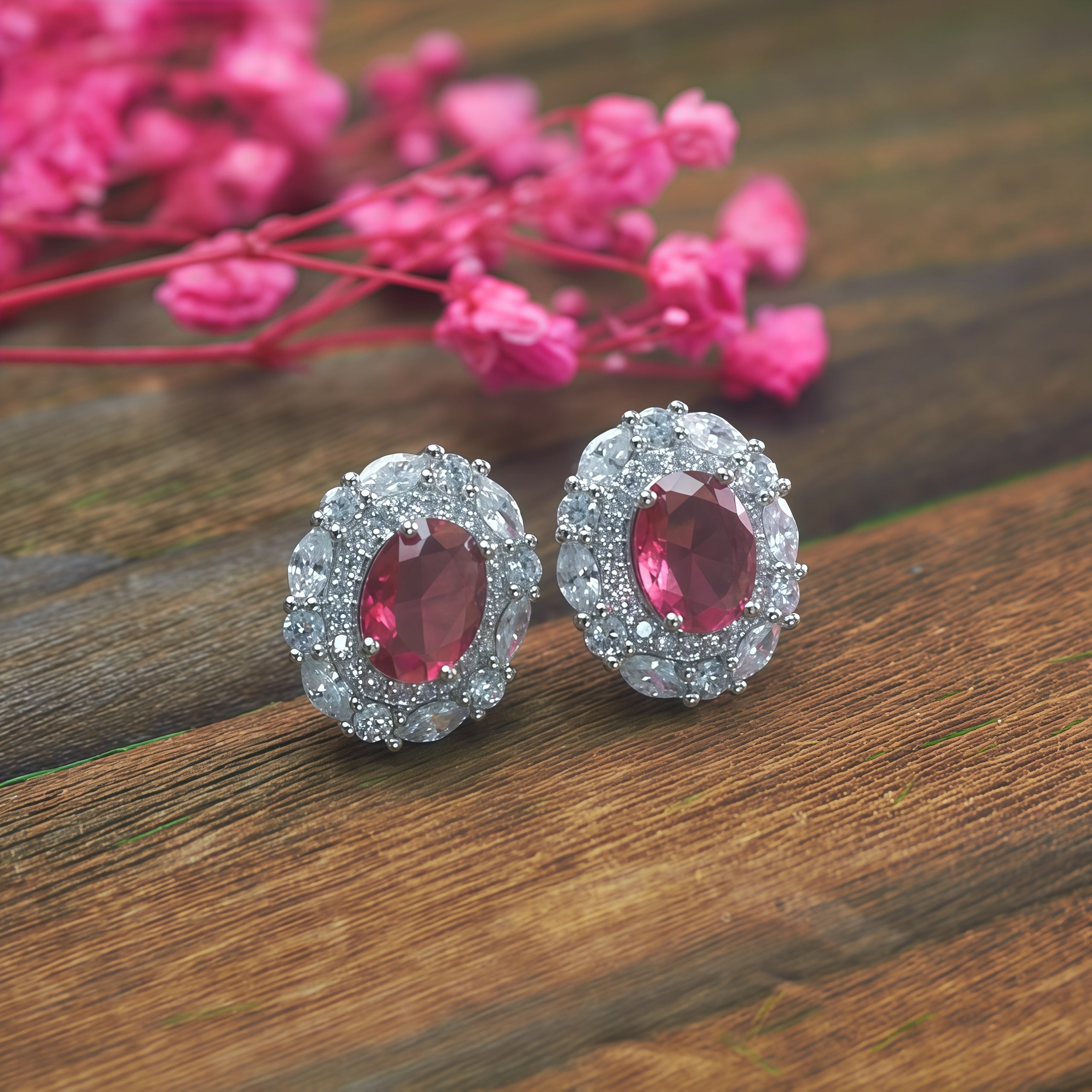 Ruby-red CZ halo earrings, gift-ready jewelry for her