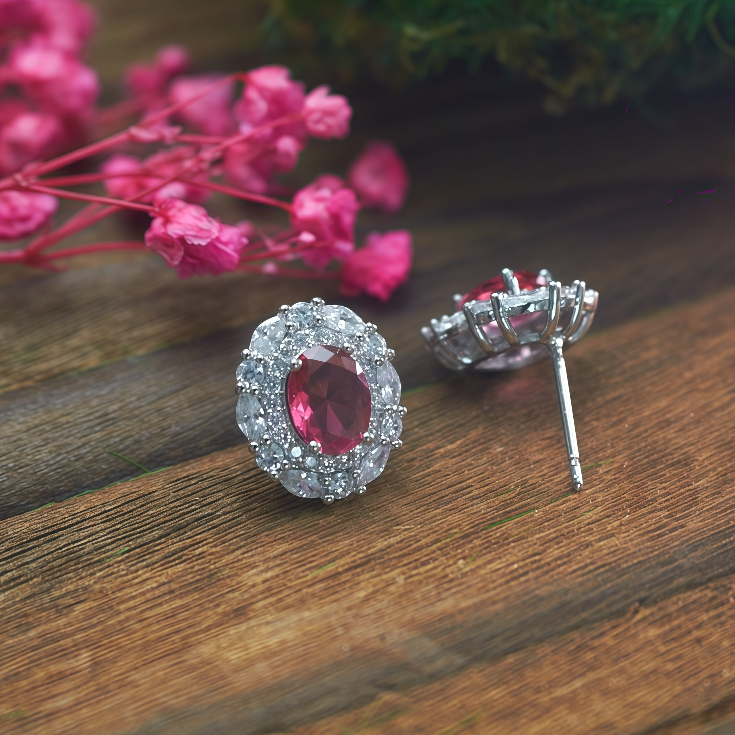 Ruby-red cubic zirconia halo earrings detail, silver-tone halo