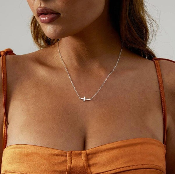 Loviara sideways cross pendant necklace, silver-tone delicate chain
