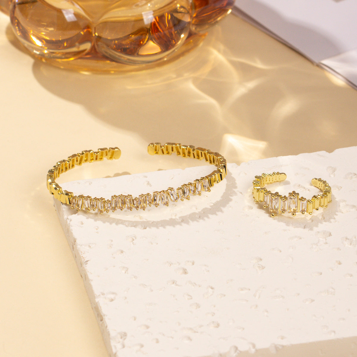 Woman wearing the Loviara CZ bracelet and ring set, everyday jewelry