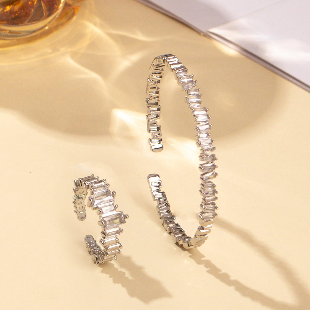 CZ open cuff bracelet and ring set in silver-tone