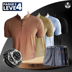 [Pague 2, Leve 4] Camisa Polo Casual Domirax em Seda Gelo e Poliéster + BRINDES: 3 Bermudas e Relógio Tático