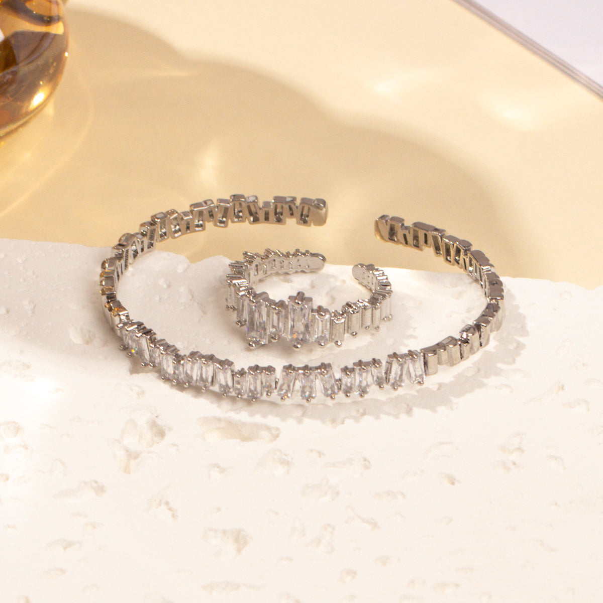 Gold-tone and silver-tone CZ bracelet and ring set, easy to gift