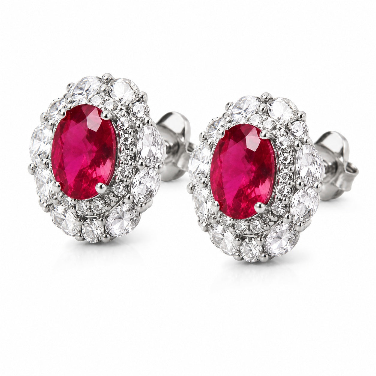 Loviara ruby-red CZ halo earrings, silver-tone sparkle studs for women