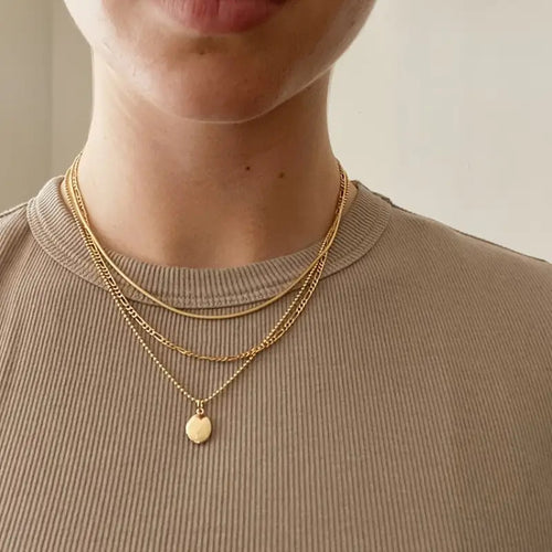 Loviara triple-layer necklace, gold-tone delicate chains with oval pendant